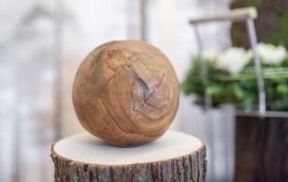 wooden biodegradable urn sitting on tree stump